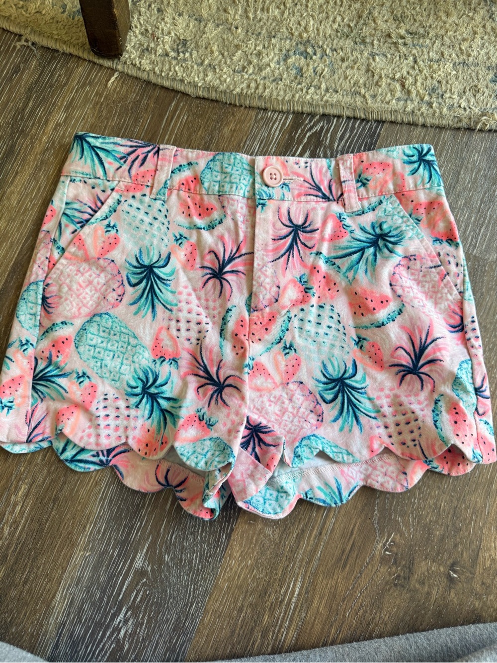 crown & ivy Pink and Aqua Pineapple Scallop Hem High-Waist Shorts